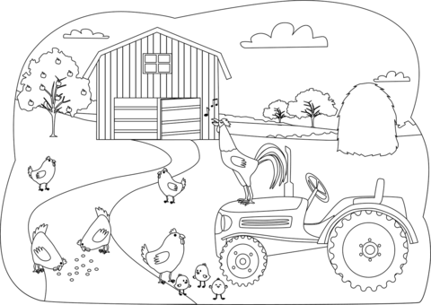 Chickens On The Farm Coloring Page